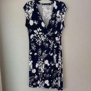 Liz Claiborne American Navy&White Floral Faux Wrap Soft Spring/Summer Midi Dress